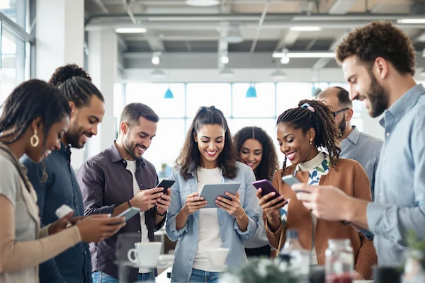 A diverse group of individuals interacting with digital devices, including smartphones, tablets, and laptops. The scene is set in a modern, collaborative workspace with bright lighting and a focus on connectivity. The individuals represent various ages, ethnicities, and professions, emphasizing the broad appeal of the product. Image size: 600x400 pixels
